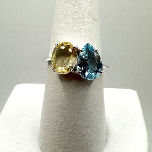 NWOT faceted pear cut blue topaz / oval citrine ring in solid sterling silver!